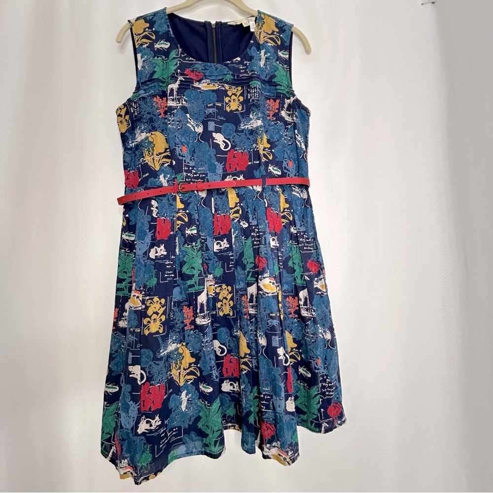 Yumi postcard fit and flare dress travel animal print blue and red